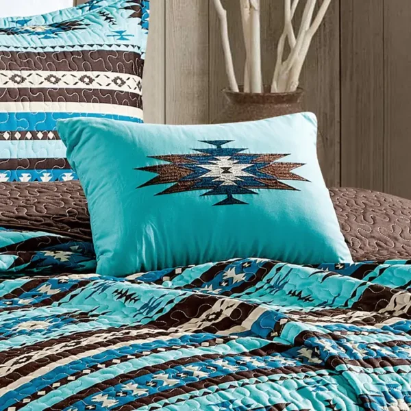 Southwestern Turquoise Tan Aztec Coverlet - 5 Piece Set -5-TL-1050 - Image 2