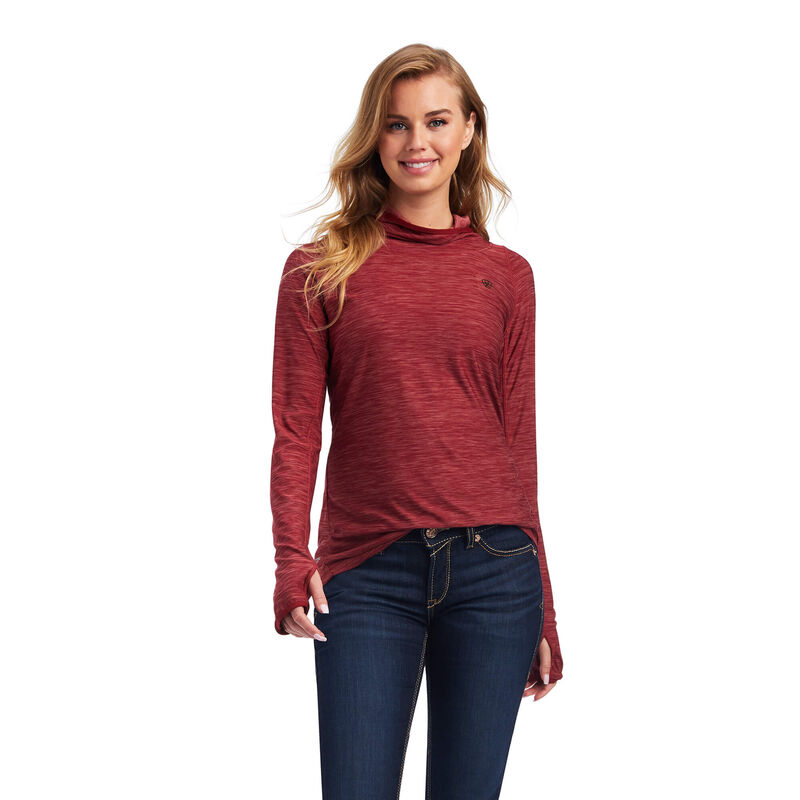 A Woman in a Burgundy Color Pullover Top With Finger Holes