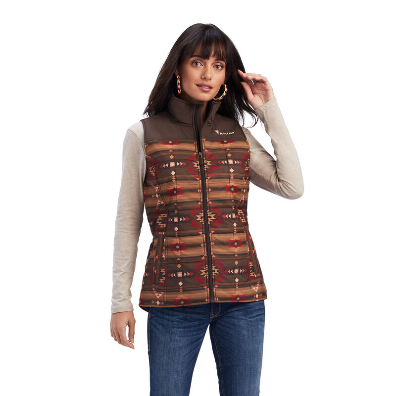 A Woman in a Brown Color Insulated Vest With Geometric Print