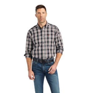 A Man in a Classic Fit White and Black Checked Button Down