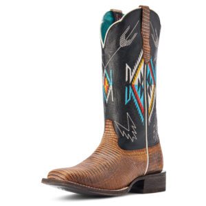 A Brown Leather Boots for Women With Native Print Design