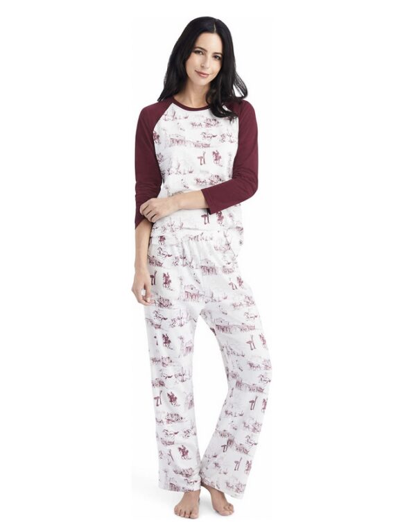 A Woman in a White West Print Pajamas Set