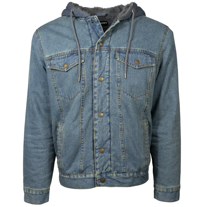 A Denim Coat With Grey Hood and Draw Strings