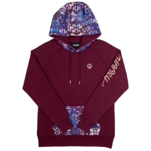 A Maroon Color Hoodie With Pattern Print in Hood and Pocket