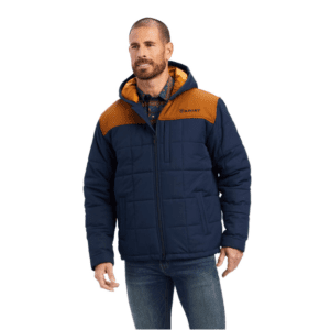 A Man in a Blue and Orange Color Puffer Jacket