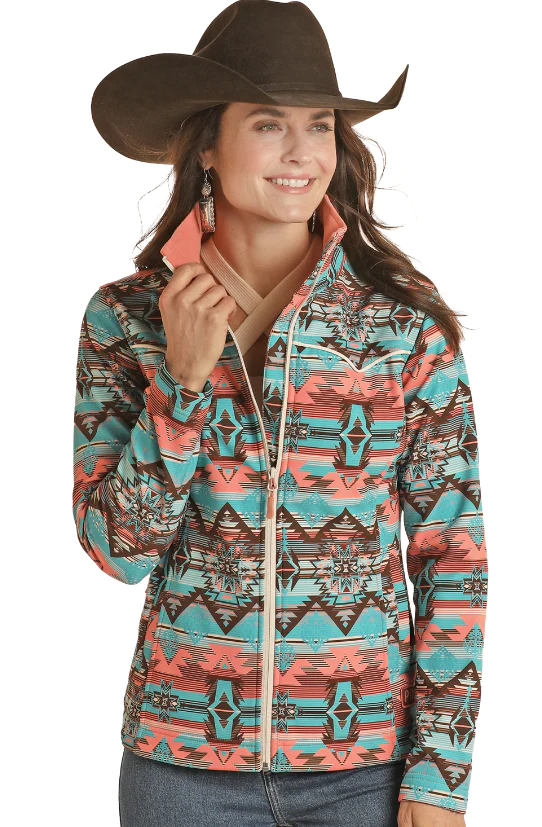 A Woman in a Blue and Pink Pattern Front Zipper Jacket