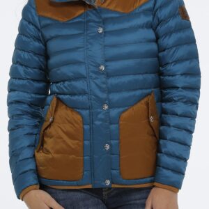 A Woman in a Blue Color Puffer Jacket With Tan Color Pockets