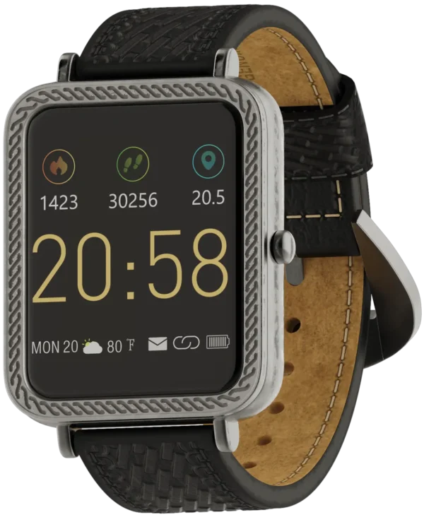 A Smartwatch With a Black Leather Strap