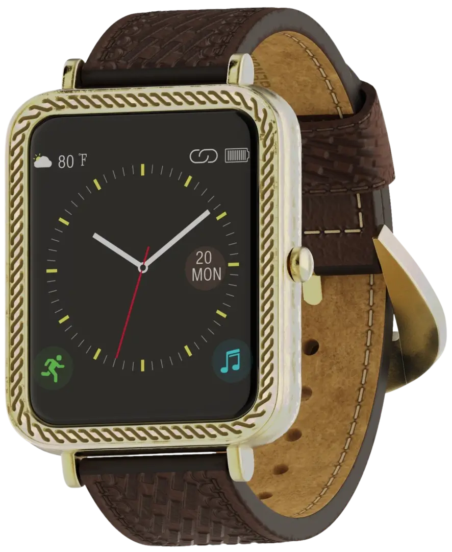 A Smartwatch With a Dark Brown Leather Strap