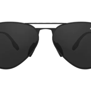 A pair of sunglasses with a black frame and side shields.