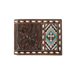 A brown and white wallet with some designs on it