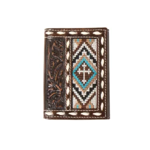 A brown wallet with a cross on it