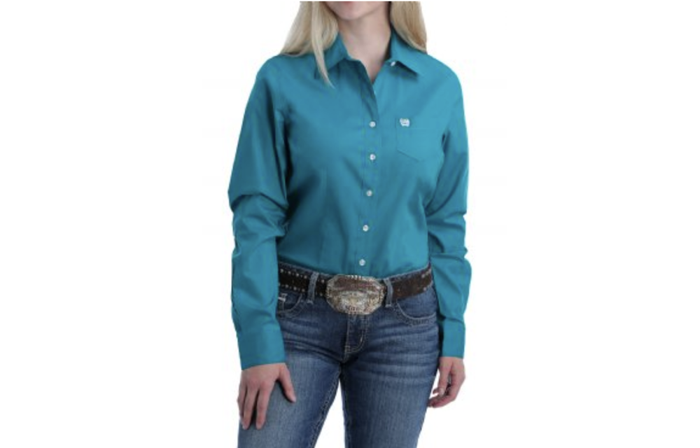 Cinch ladies solid teal blue solid button down western rodeo shirt