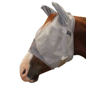 A horse wearing a fly mask with ears.