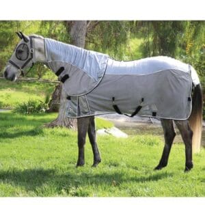 A horse wearing a blanket on the grass.