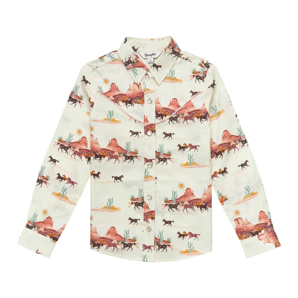 Wrangler Girl's Western Long Sleeve Print Shirt - Desert Cream/Pink