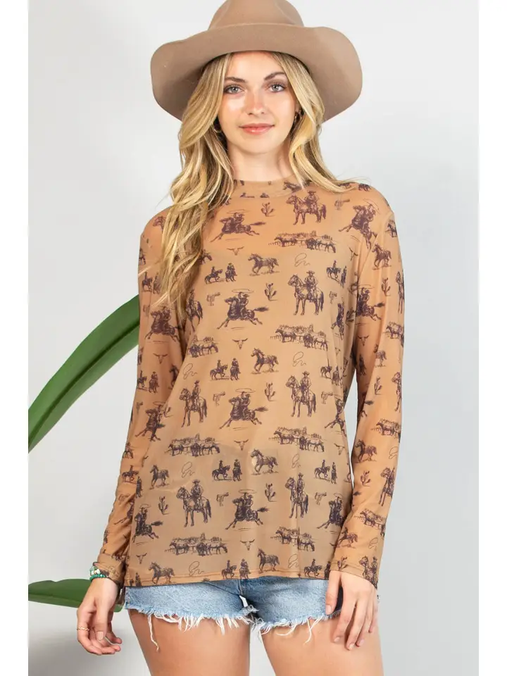 Bucking Horses Print Semi Sheer Mesh Top