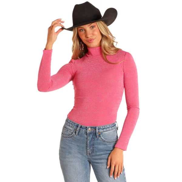 Rock & Roll Denim Ladies Lurex Turtleneck Hot Pink Top