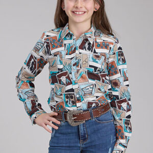 Girl's Photo Collage Printed Rayon Western Long Sleeve Blouse - 03-080-0590-0184