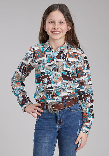 Girl's Photo Collage Printed Rayon Western Long Sleeve Blouse - 03-080-0590-0184