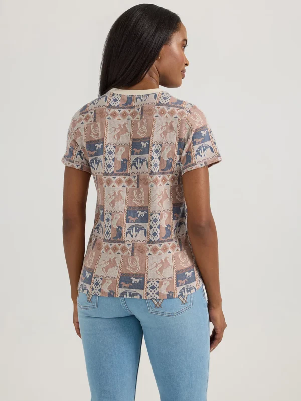 A woman wearing blue jeans and a brown shirt.