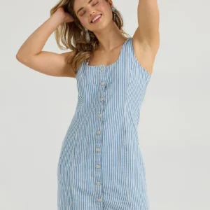 A woman in blue and white striped dress.