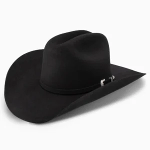 A black cowboy hat is shown on a white background.