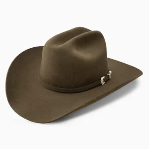 A brown cowboy hat with a silver buckle.