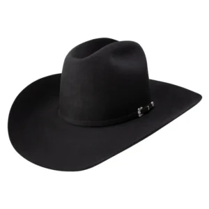A black cowboy hat with a silver buckle.