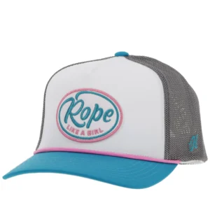 A white, blue and pink hat with rope like a girl on it.