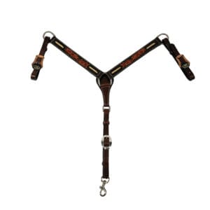 A brown leather halter with gold accents on it.