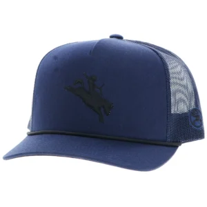 A blue hat with a black logo on it.