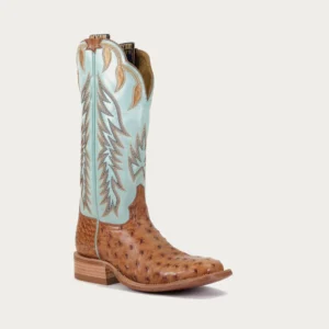 A cowboy boot with blue and brown leather.