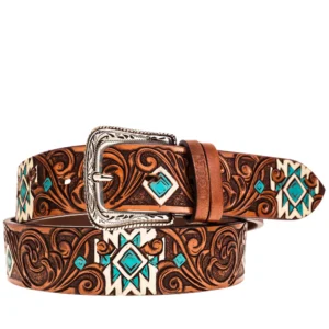 A brown and white belt with blue designs on it