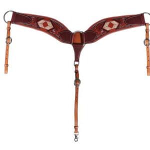 A brown and red leather breast collar with white designs.