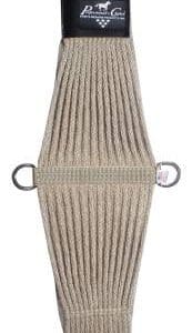 A beige color knitted fabric with metal hooks.