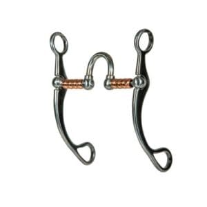 A pair of metal horse bit with copper ends.