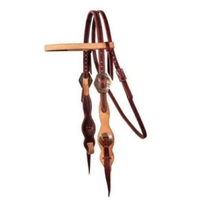 A brown leather bridle with two wooden tips.
