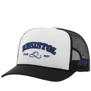 A black and white hat with the words " resistol since 1 9 2 7 ".
