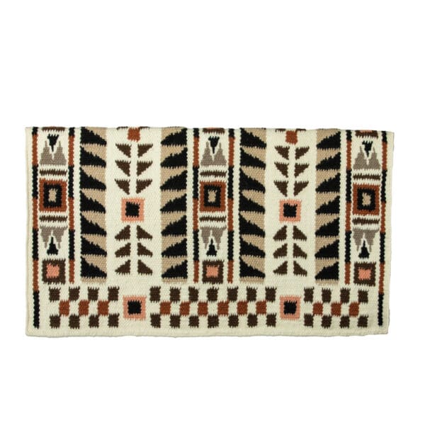 A white and brown rug with designs on it.