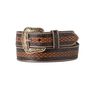 Nocona Men's Brown Floral Tooling and Basketweave Western Belt - N210003202