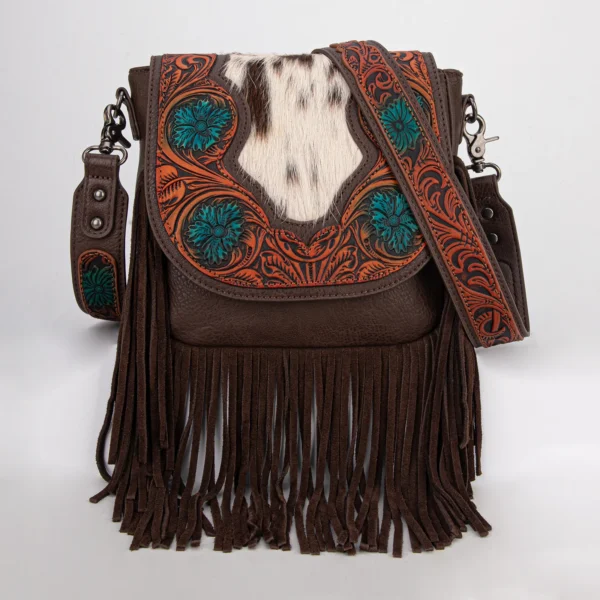Trinity Ranch Genuine Hair-On Cowhide Tooled Fringe Crossbody Bag Coffee - TR187-8360CF
