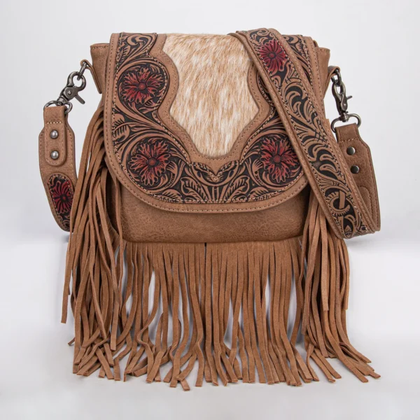 Trinity Ranch Genuine Hair-On Cowhide Tooled Fringe Crossbody Bag Tan - TR187-8360TN