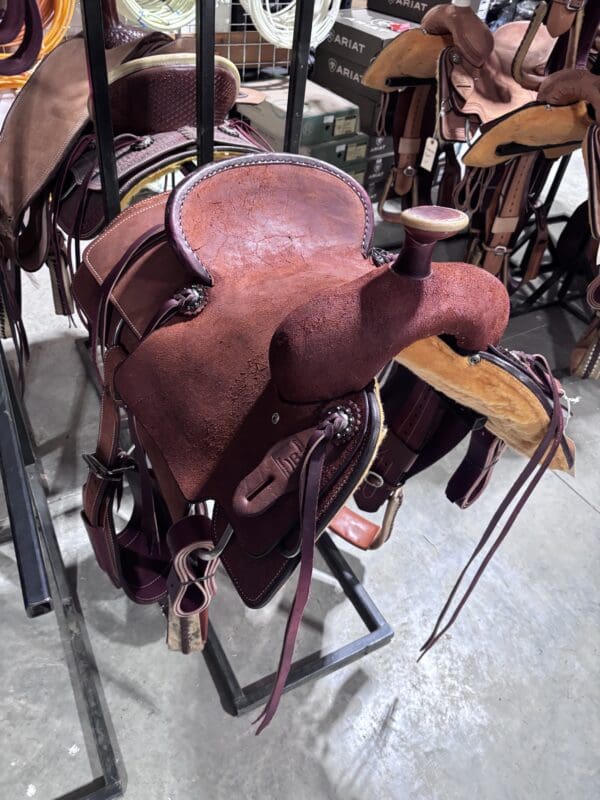 Calf roping saddle with team roping horn.
