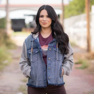 ladies denim jacket with sweater sleeves