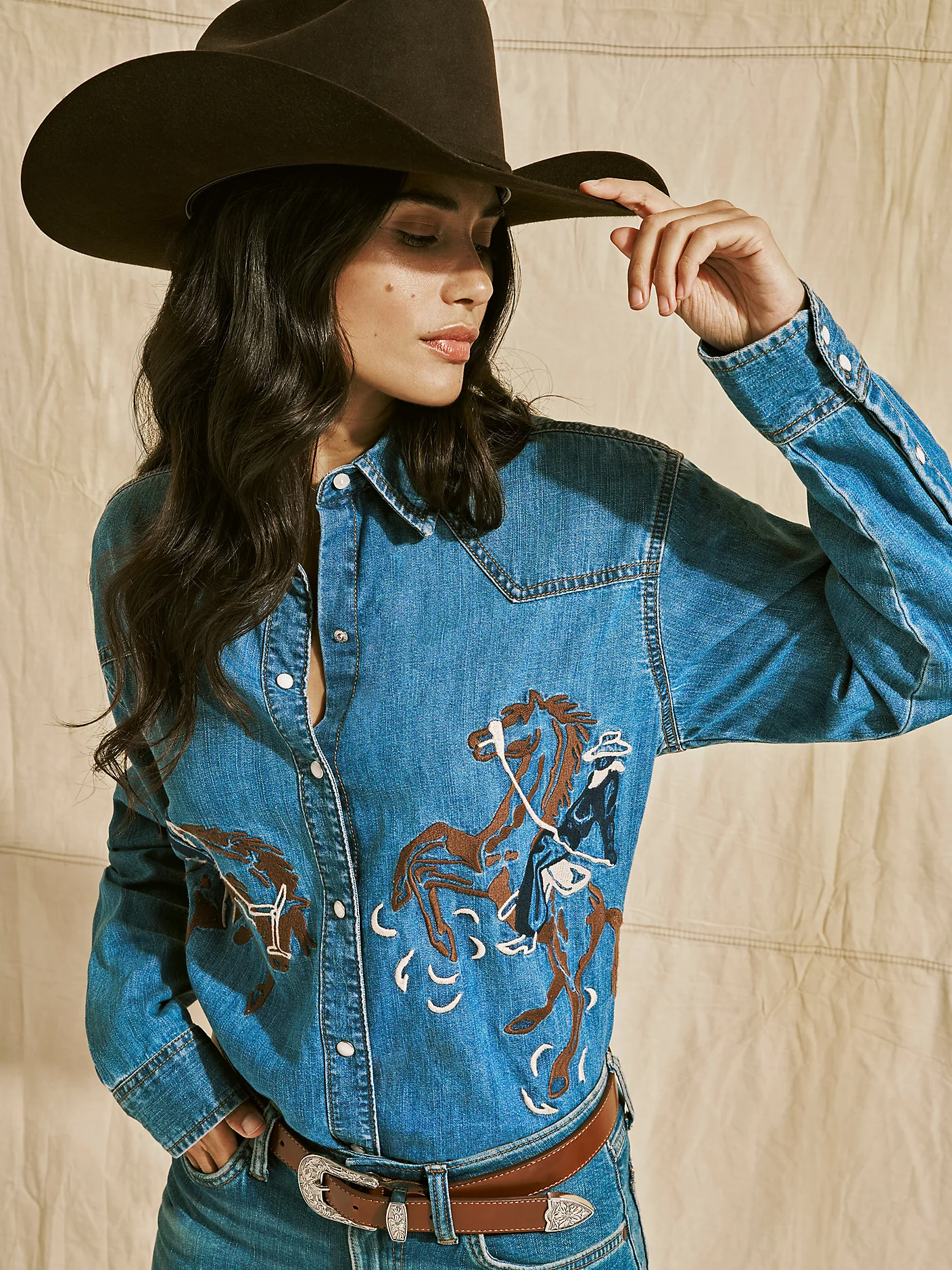 Women's Embroidered Horses Boyfriend Western Snap Shirt