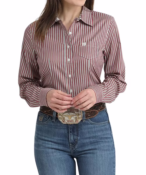Cinch Ladies Red Pinstripe Button Western Shirt