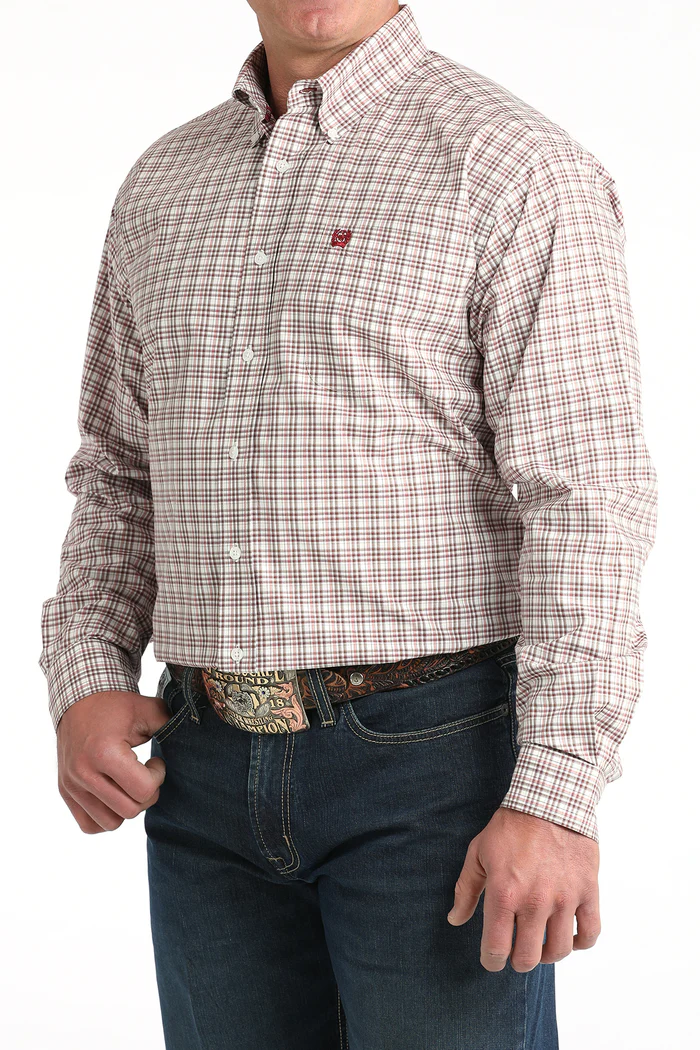 Men's Cinch White Plaid Print Long Sleeve Button Shirt
