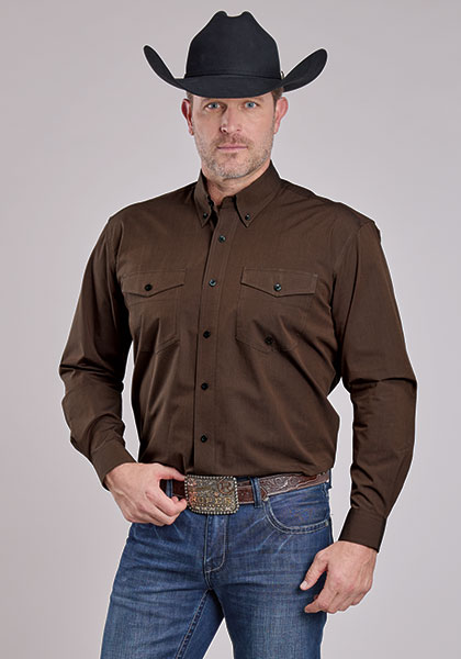 MENS L/S SOLID COLOR POPLIN - BLACK FILL BROWN, 03-001-0365-0673