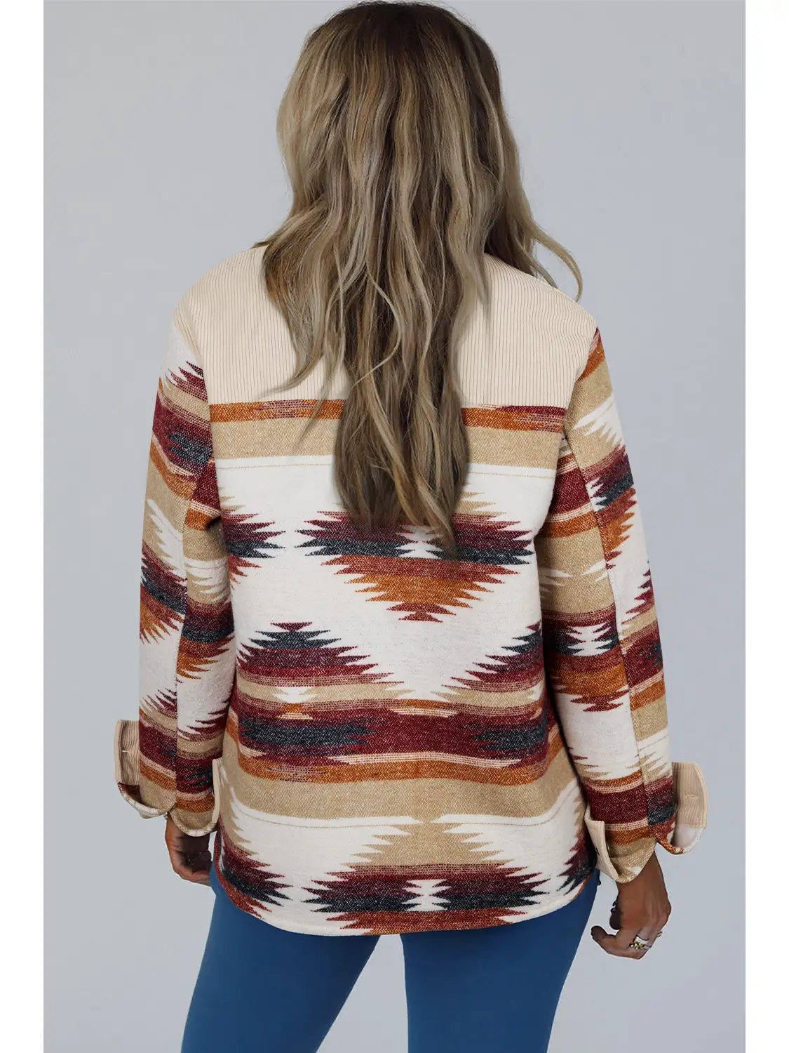 Western Aztec Striped Patchwork Raw Hem Shacket - DISCO854916-P22 - Image 2